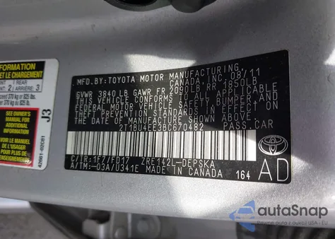 2011 Toyota Corolla S z USA, uszkodzony, nr VIN 2T1BU4EE3BC670482